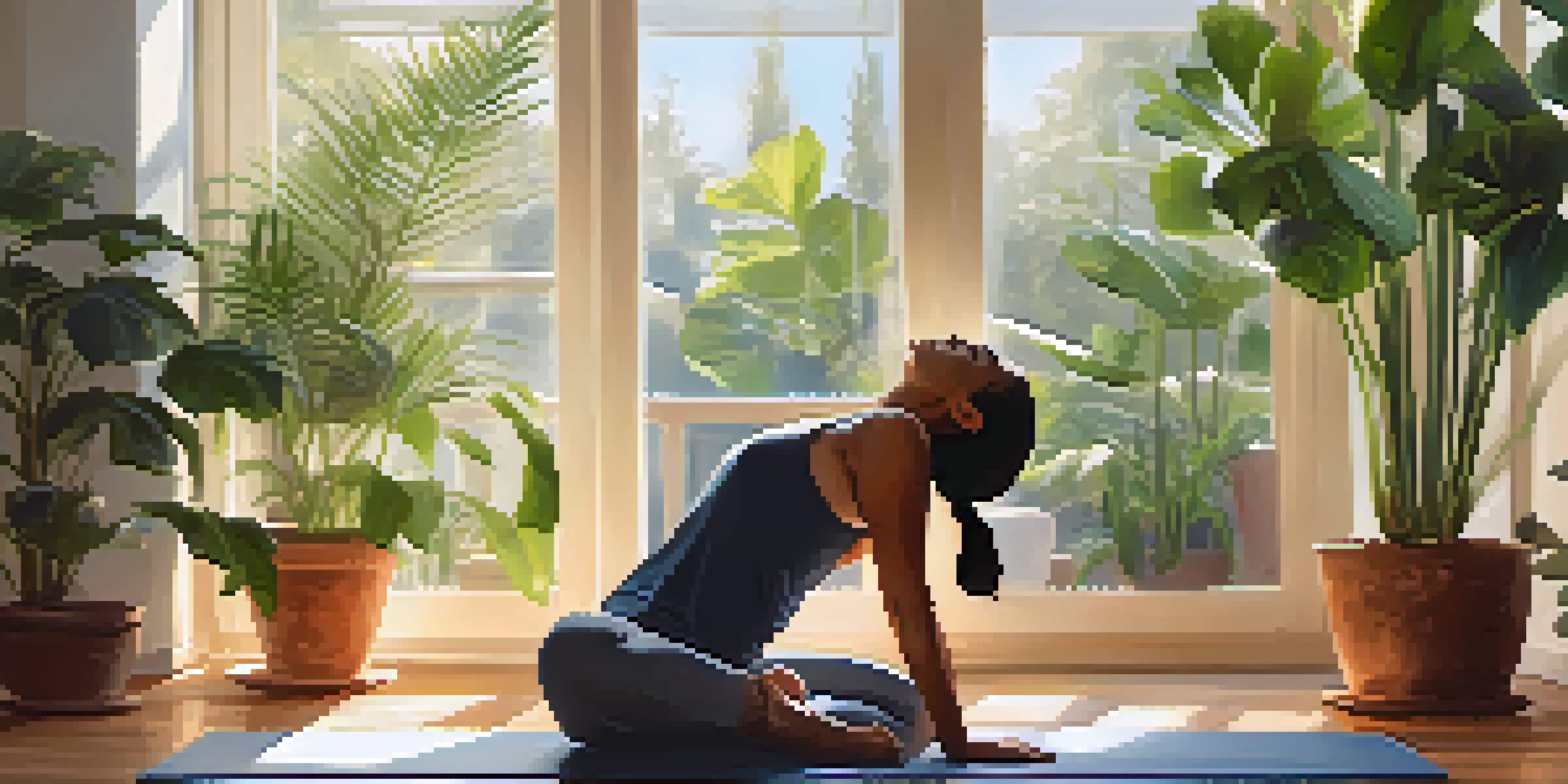A person practicing Child's Pose in a bright yoga studio surrounded by plants, creating a peaceful and serene atmosphere.