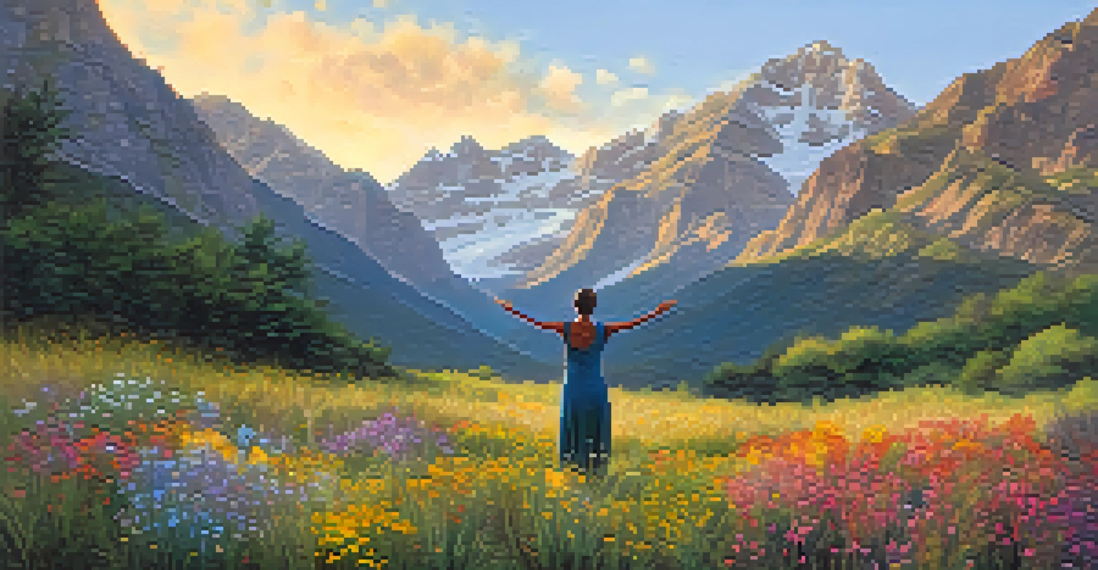 A person practicing Mountain Pose in a beautiful outdoor setting with mountains and wildflowers, exuding tranquility.