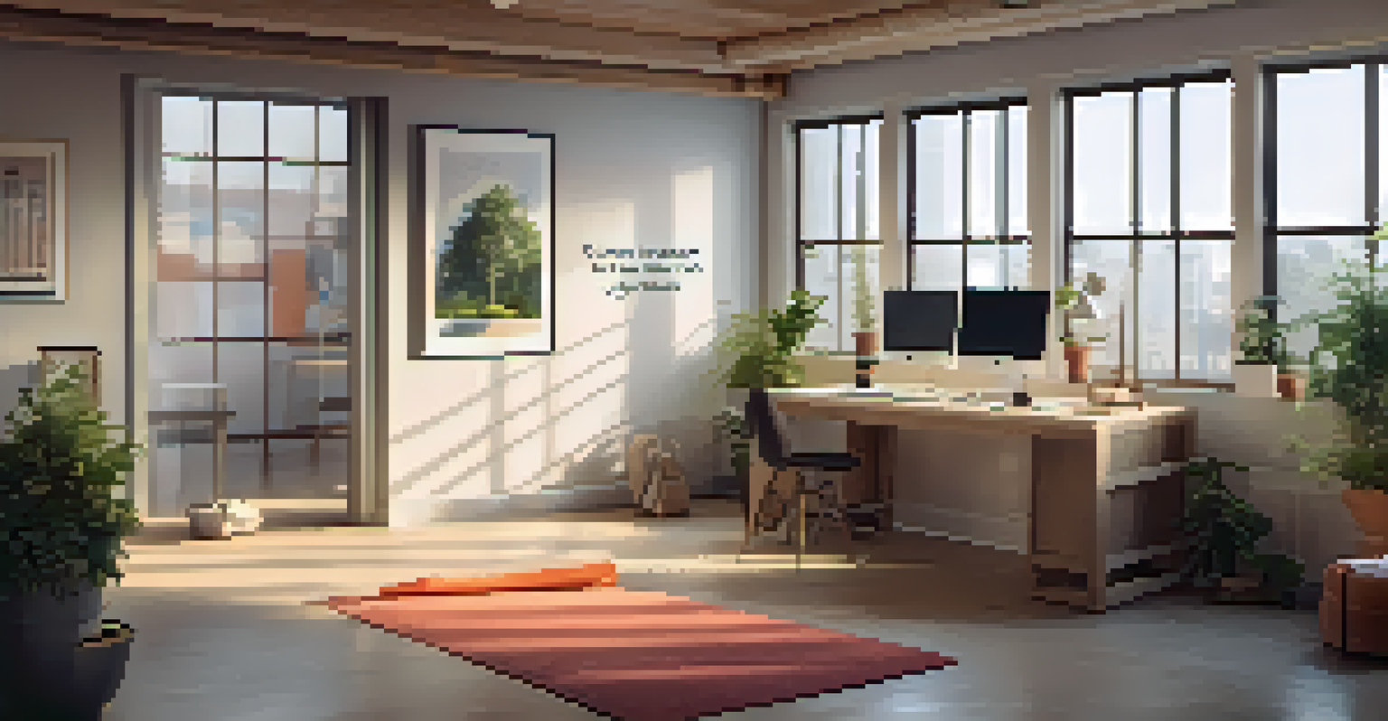A cozy office yoga corner with a person performing a desk shoulder stretch.
