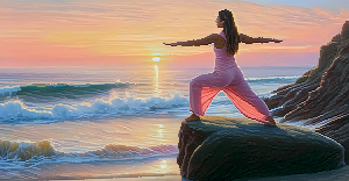 A woman in Warrior II yoga pose on a cliff at sunrise, surrounded by soft golden light and pastel skies.