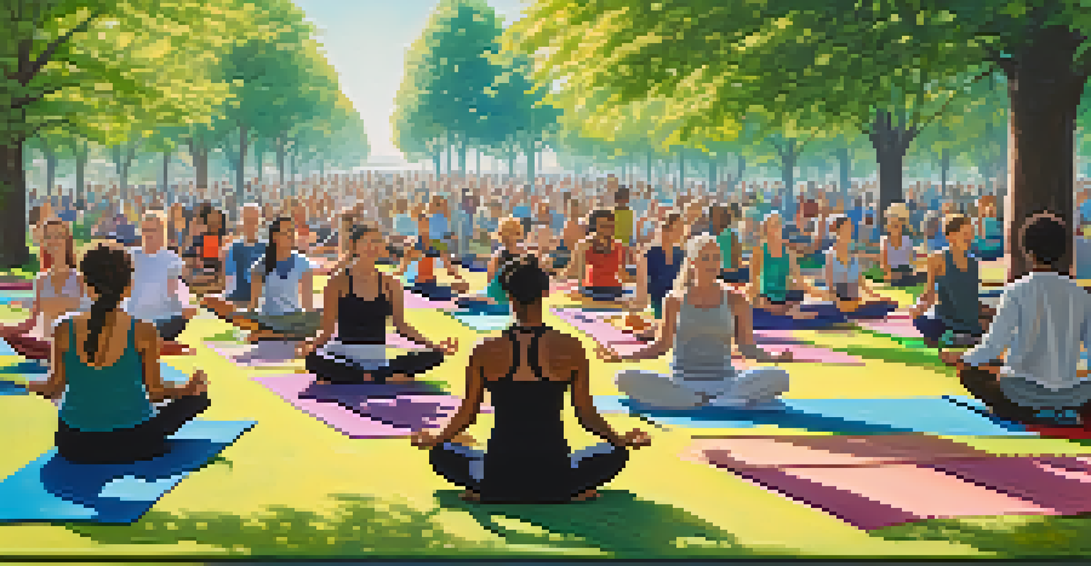 A vibrant outdoor yoga event in a park, with people of various ages and backgrounds practicing yoga on colorful mats under a sunny sky, symbolizing inclusivity and community.
