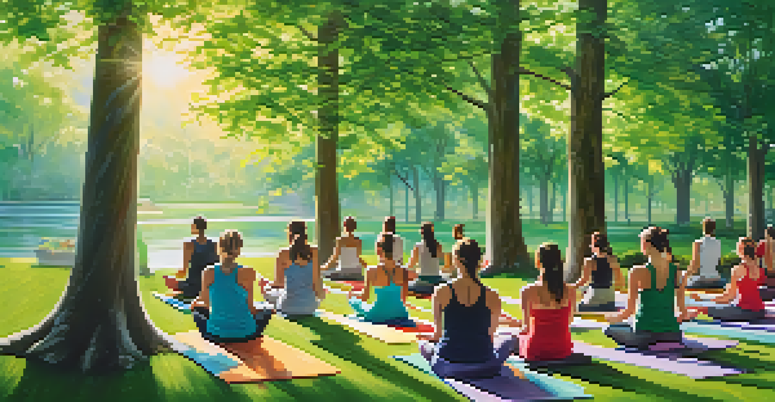 An outdoor yoga class in a green park where participants practice endurance poses, surrounded by trees and sunlight.