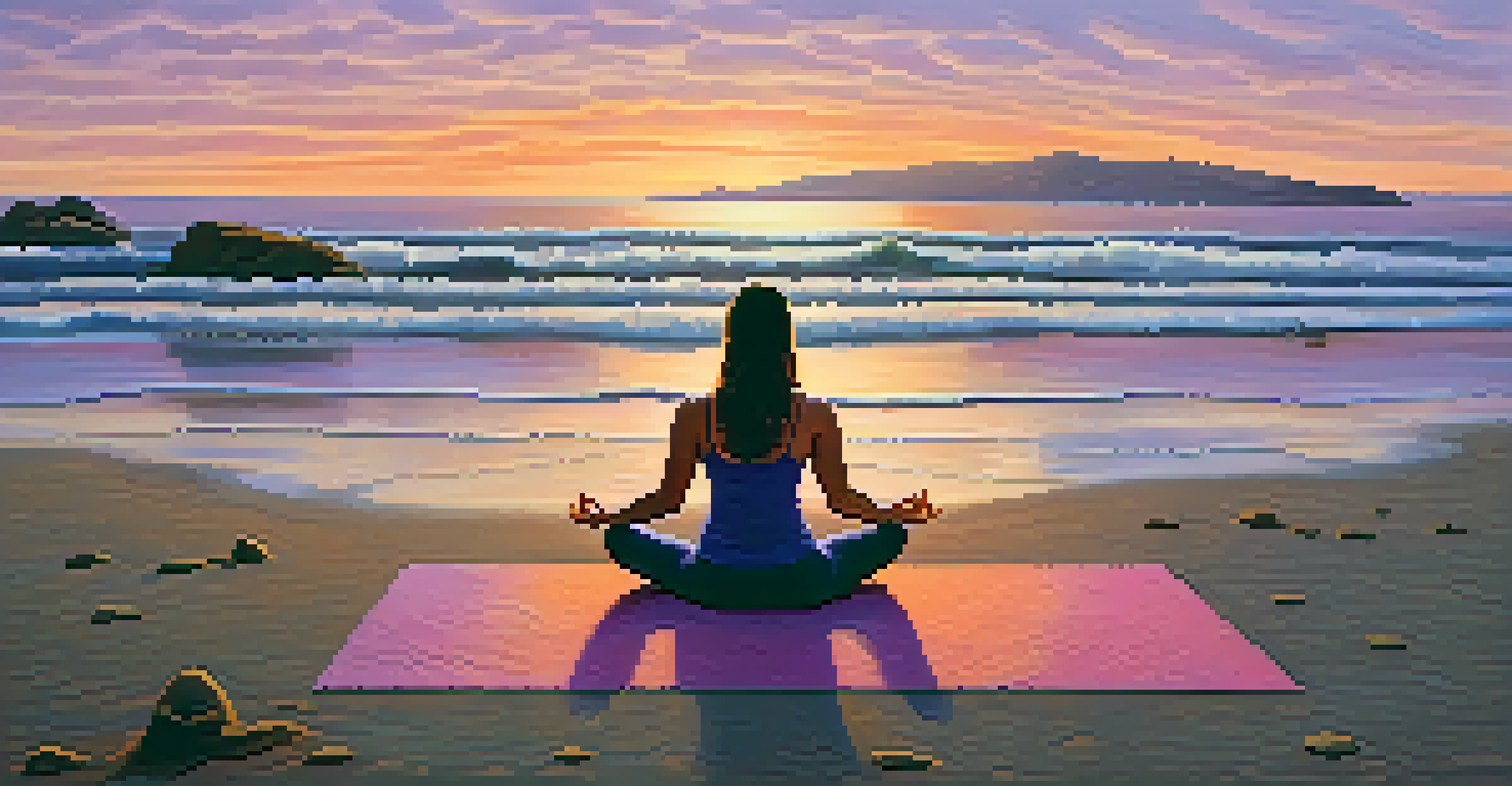 A yoga practitioner meditating on a beach at sunset with waves and a gong in the background, showcasing a tranquil atmosphere.