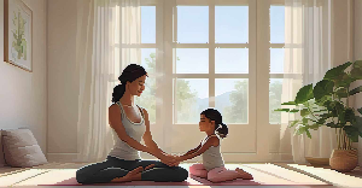 A mother and her daughter practicing yoga together in a bright and peaceful room, focusing on breathing exercises.