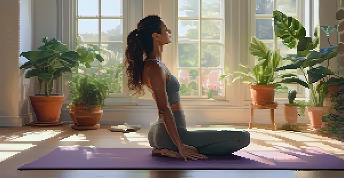 A woman practicing Child's Pose in a sunny yoga studio, surrounded by plants and gentle light.