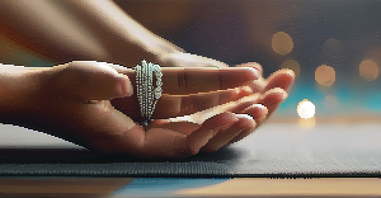 Close-up of hands in a yoga mudra on a mat, with a peaceful yoga studio in the background.