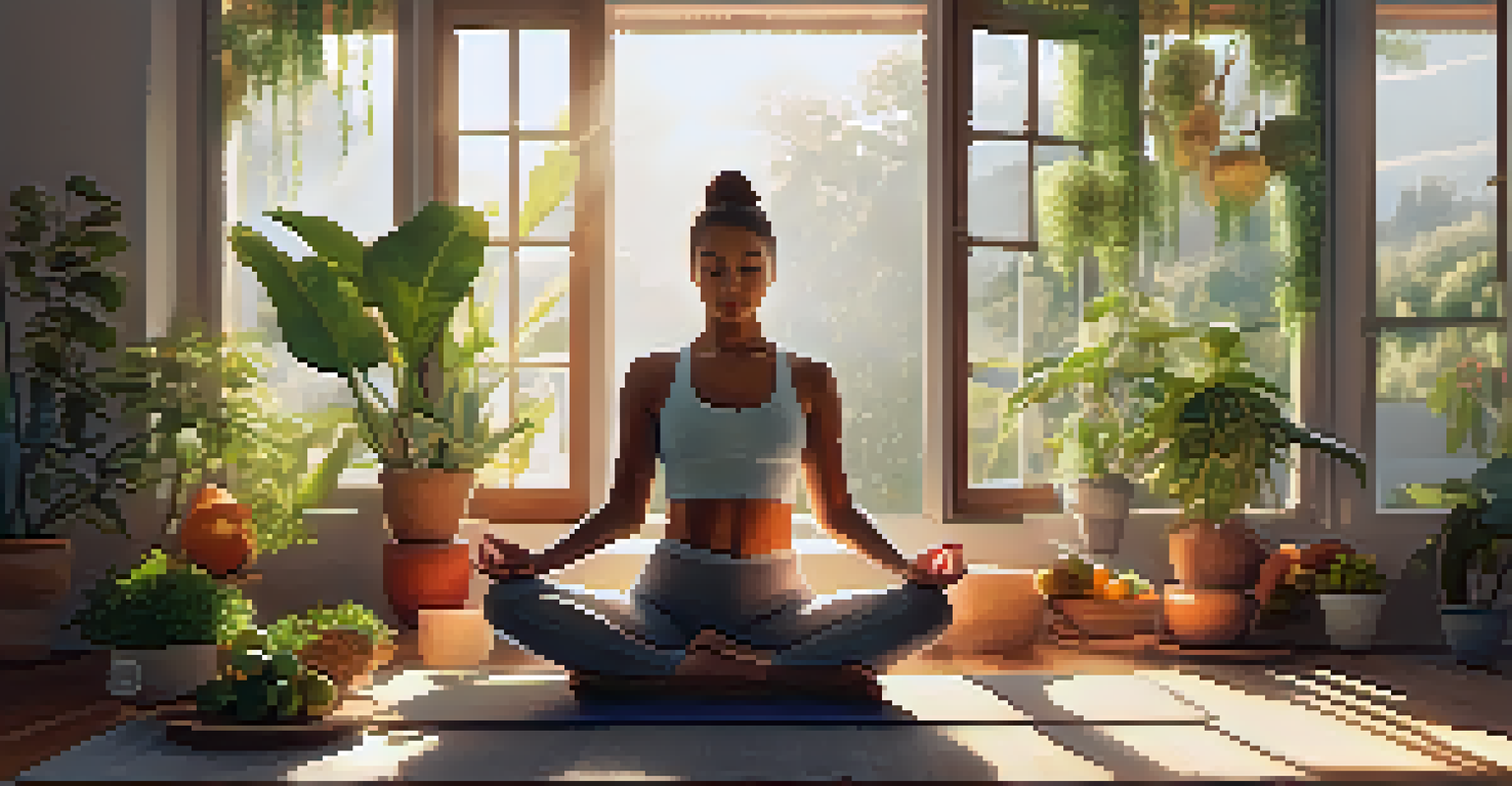 A person meditating in a yoga pose with a plate of fruits beside them in a sunlit room.