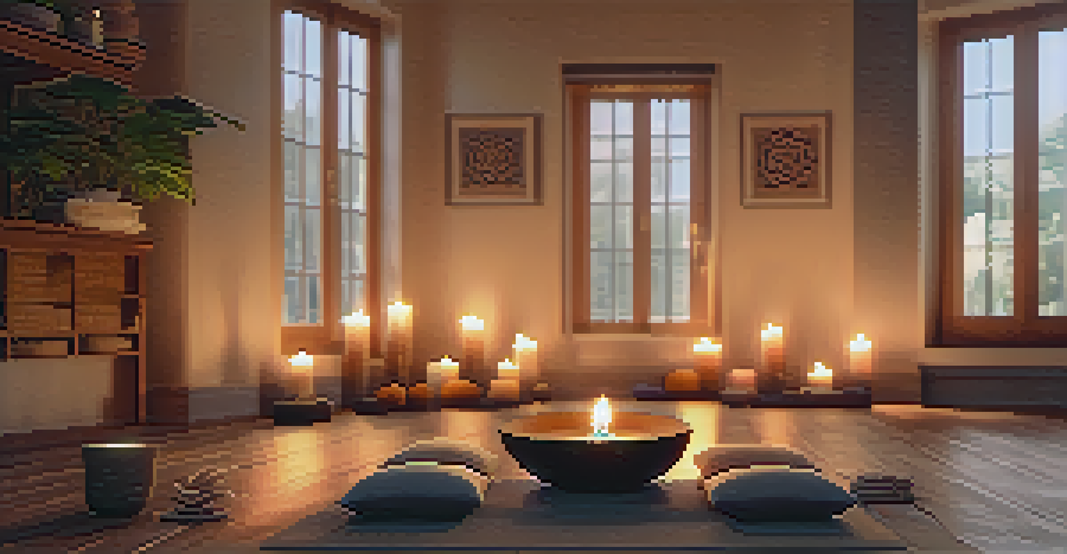 A cozy yoga space with candles and cushions, set up for a calming breathwork session.