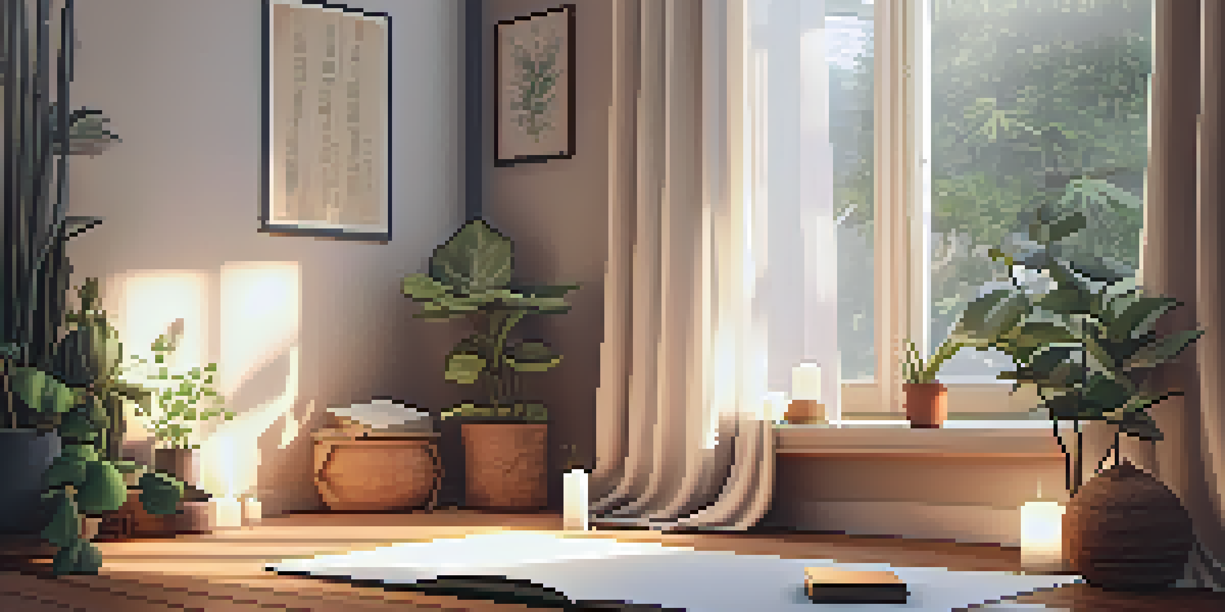 A calming indoor environment for journaling and yoga, with a yoga mat, a journal, candles, and plants.