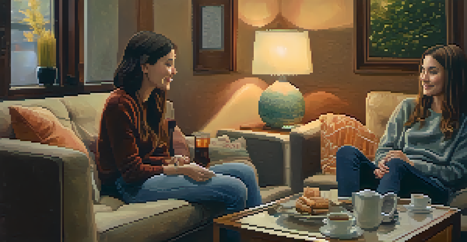 Two friends having a warm conversation on a cozy couch with snacks and tea.