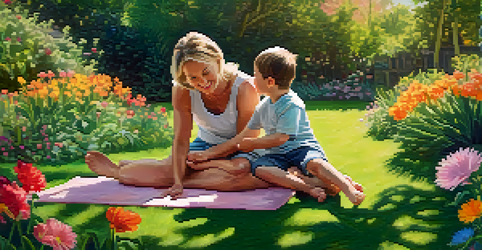 A father and his child engaging in playful yoga poses in a colorful garden, imitating animals.