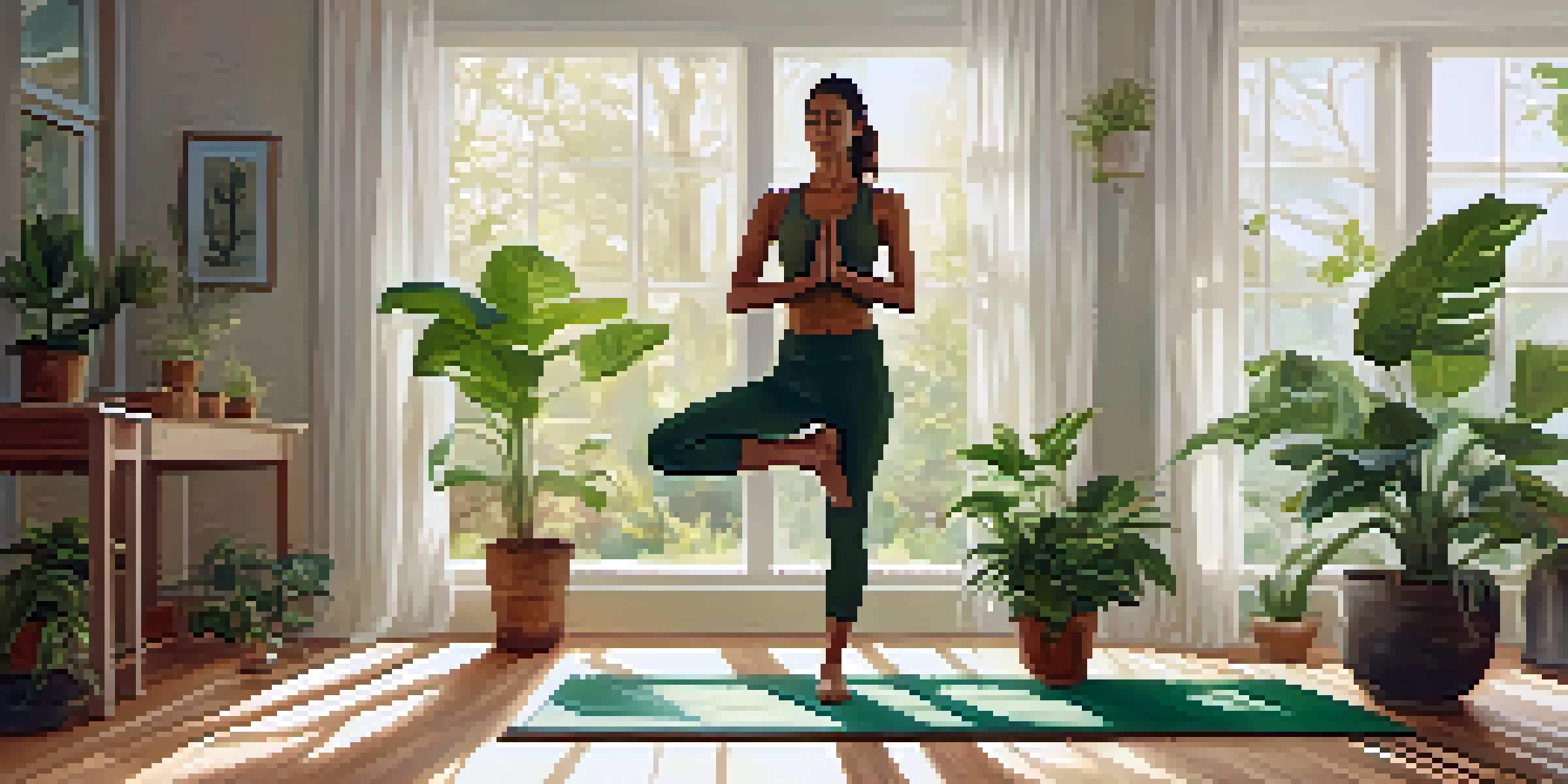A person practicing Tree Pose in a serene yoga studio with sunlight and plants.