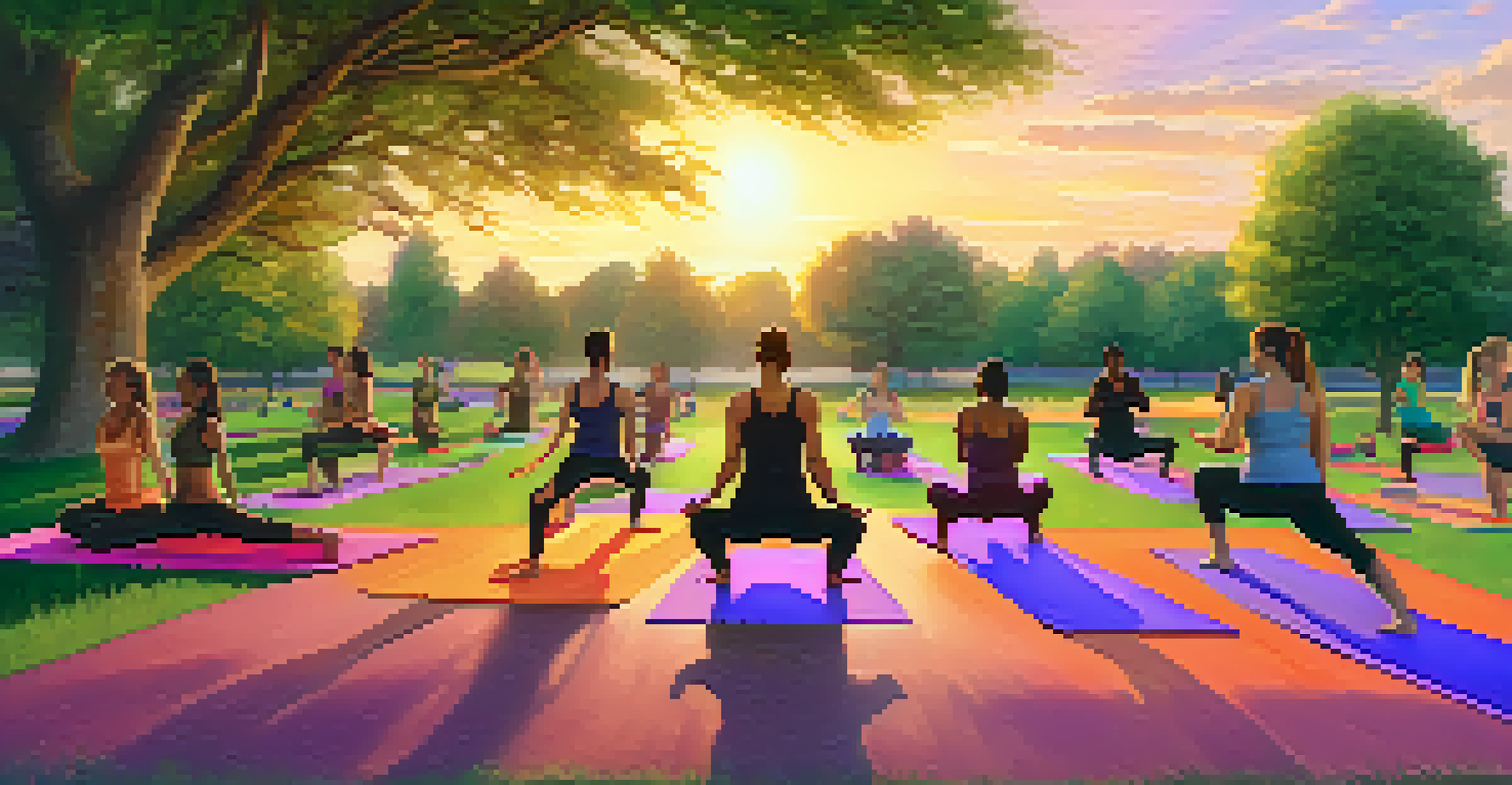 A diverse group practicing yoga in a park during sunset, showcasing unity and energy.