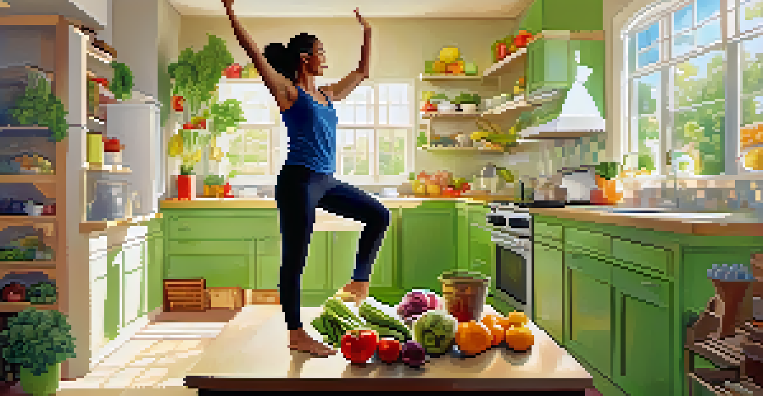 A person balancing in Tree Pose in a colorful kitchen filled with fresh fruits and vegetables.