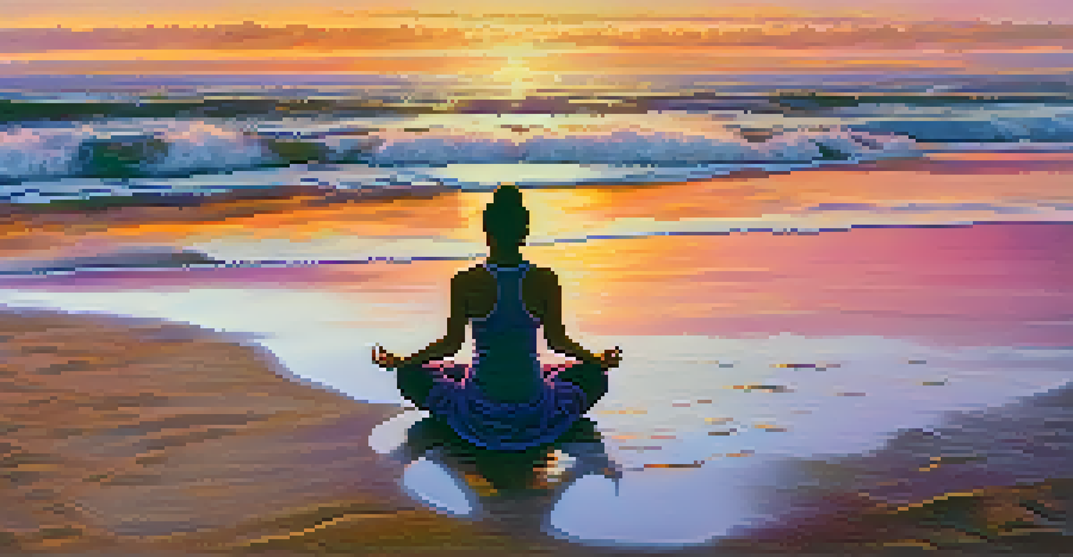 A person meditating on a beach at sunset, surrounded by colorful skies and calm ocean waves.