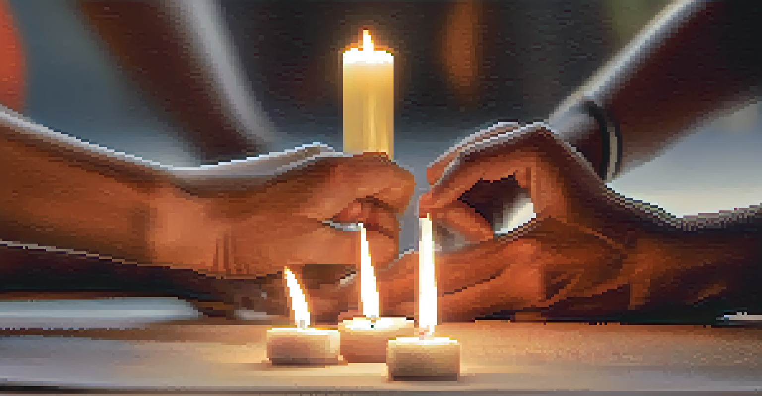 A close-up of hands lighting a candle in a yoga class, with blurred figures of participants practicing in the background, symbolizing connection and community.