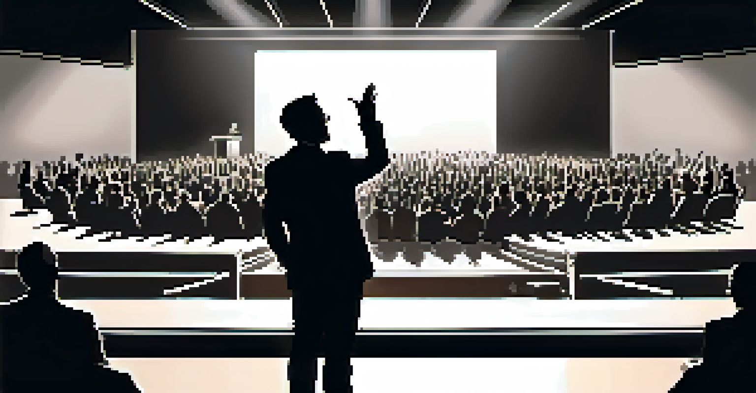A dynamic speaker on stage confidently presenting with hand gestures, while the audience is captivated in the background, silhouetted by stage lighting.