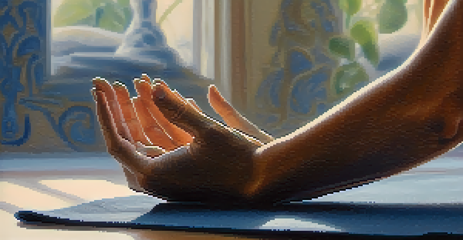 Close-up of hands in a yoga mudra on a yoga mat in a calming studio environment.
