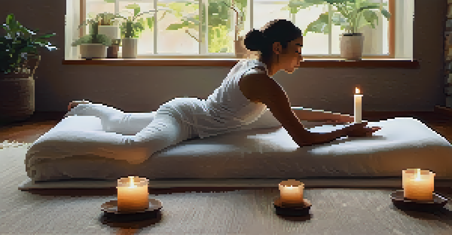 A person practicing Restorative Yoga on a bolster, surrounded by candles and cushions, embodying tranquility and relaxation.