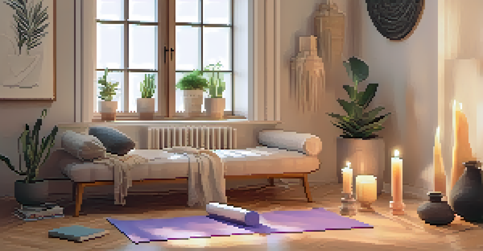 A cozy indoor yoga space with a mat, candles, and a water fountain, illuminated by soft ambient lighting, perfect for relaxation.