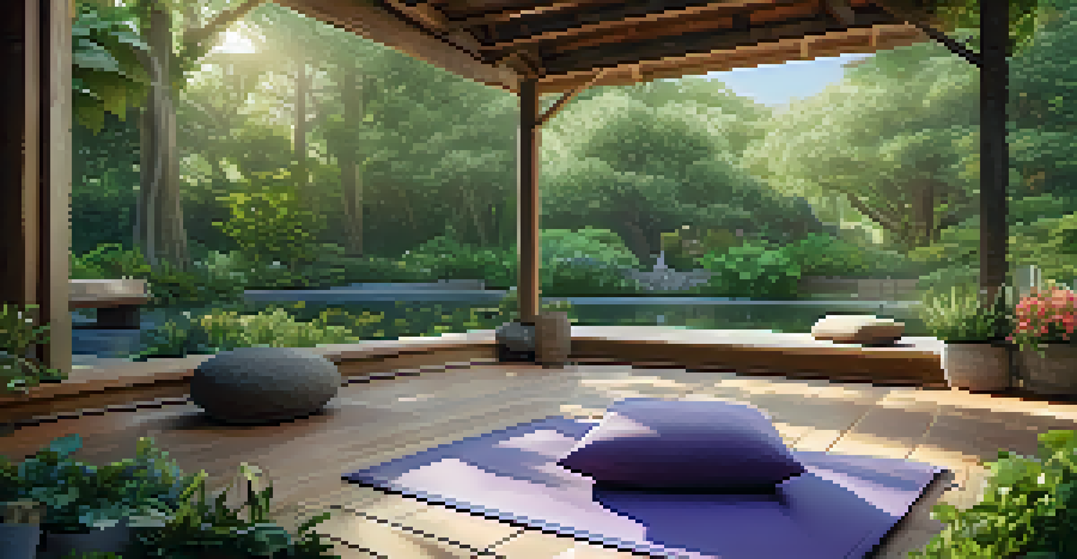 An outdoor yoga space in a garden with a yoga mat on a wooden deck, surrounded by greenery and flowers.