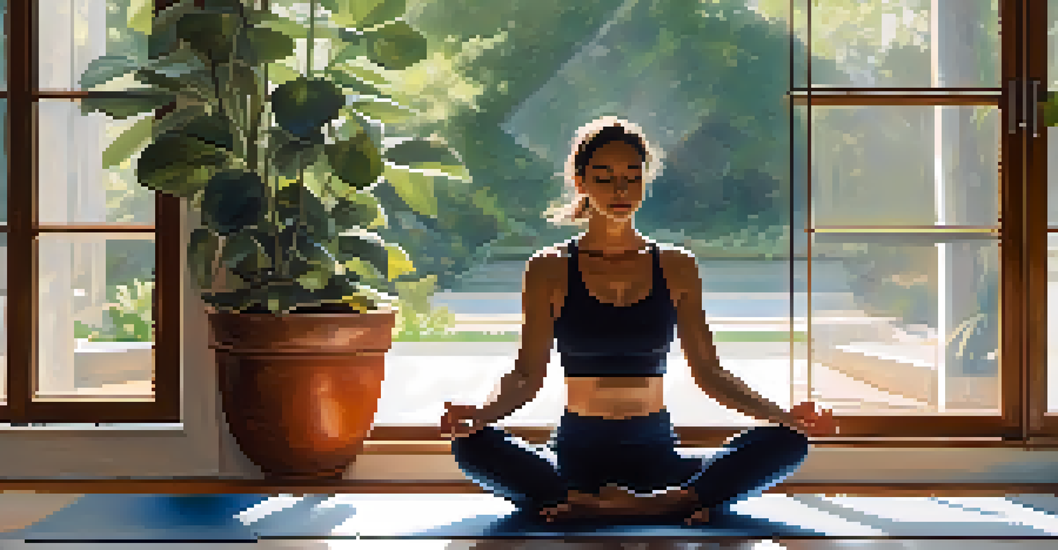 Close-up of a person meditating and practicing deep breathing indoors with soft natural light and plants.