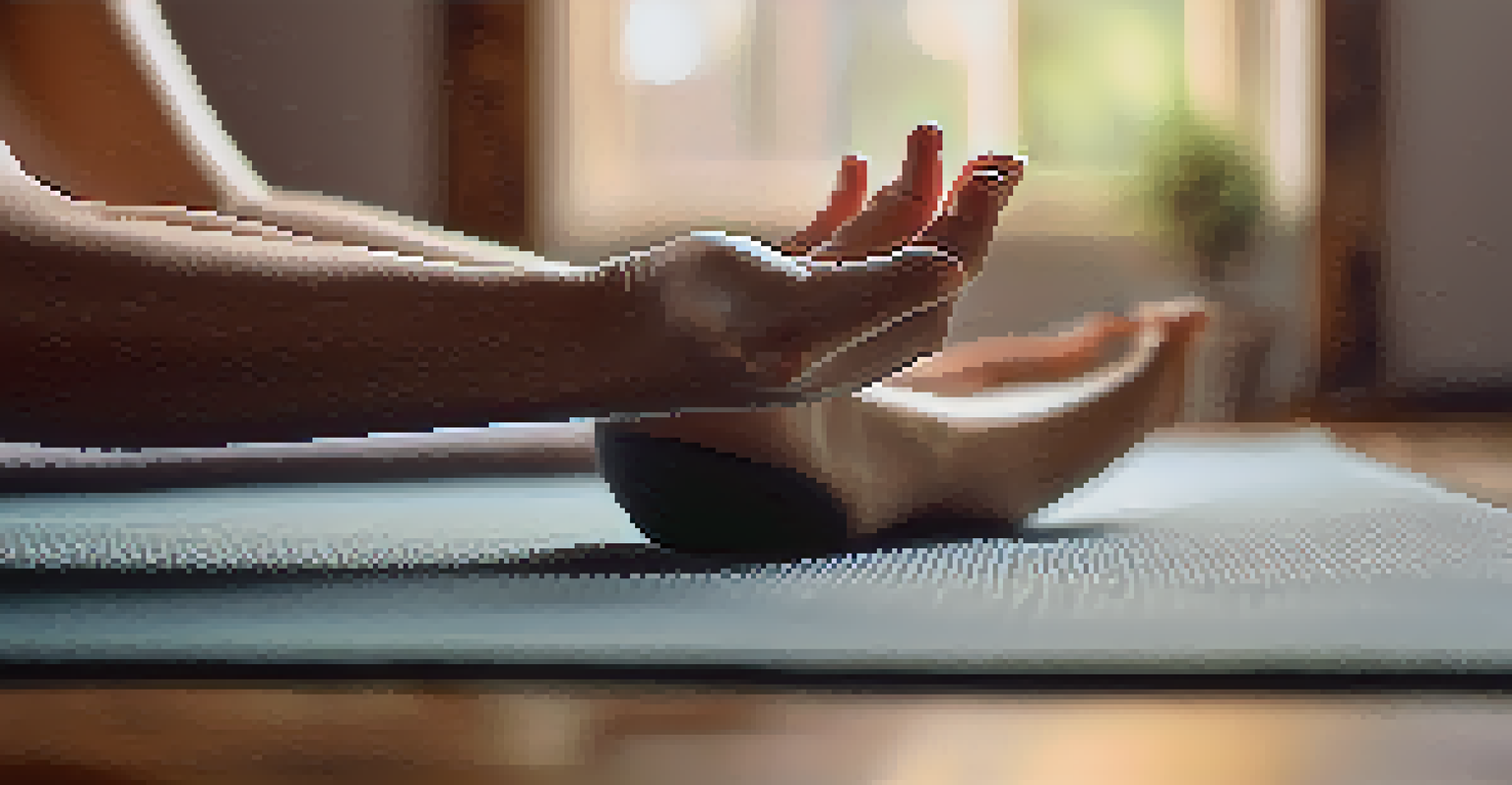 Close-up of hands in a meditative position on a yoga mat, with a cozy room backdrop that promotes relaxation.