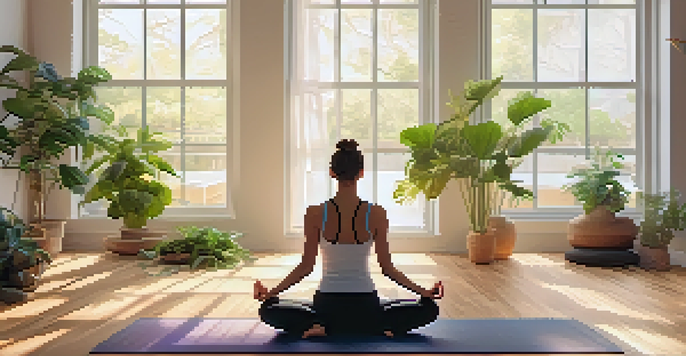 A peaceful yoga studio with a person practicing yoga in the center, surrounded by plants and natural light.