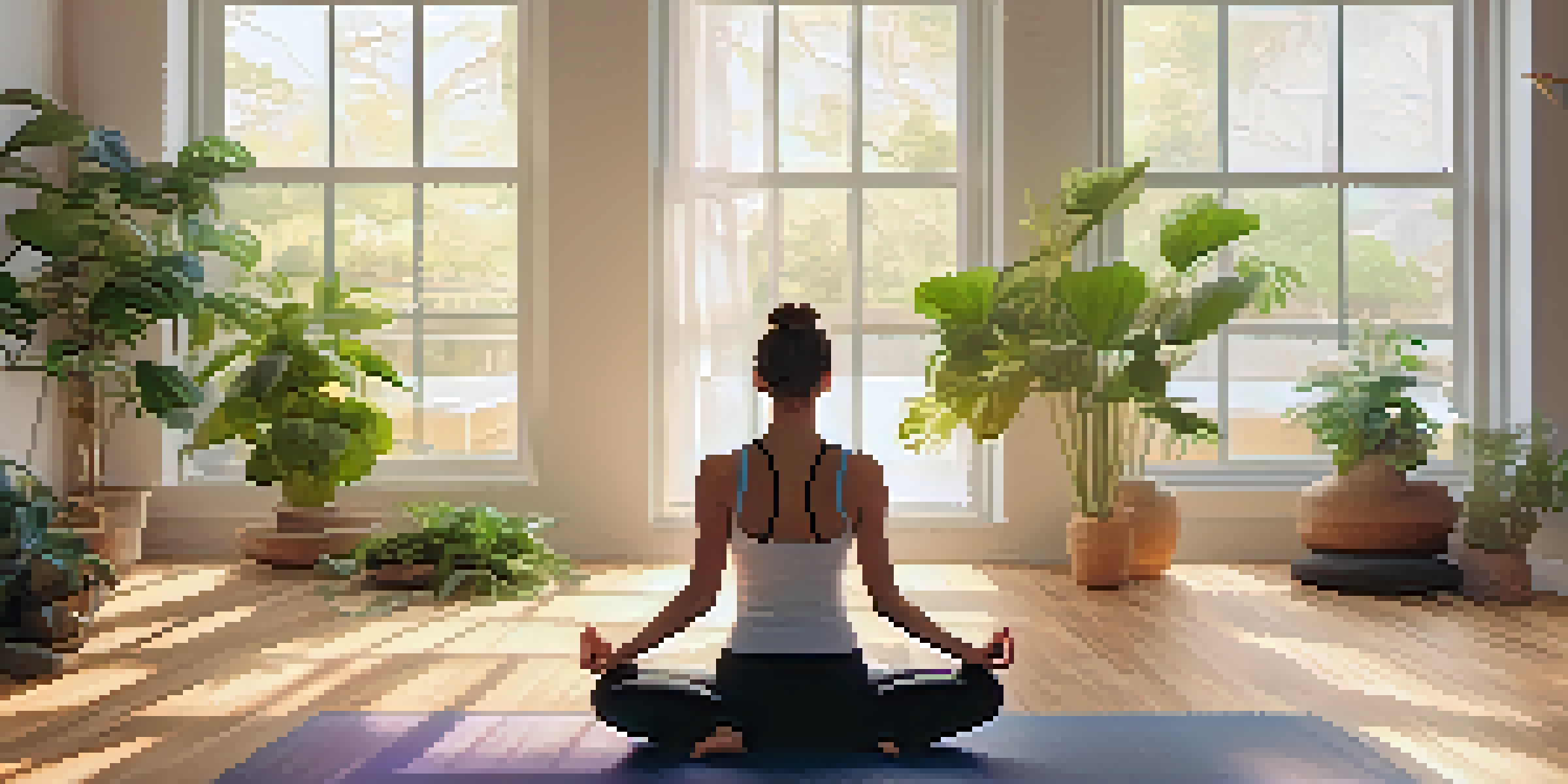 A peaceful yoga studio with a person practicing yoga in the center, surrounded by plants and natural light.