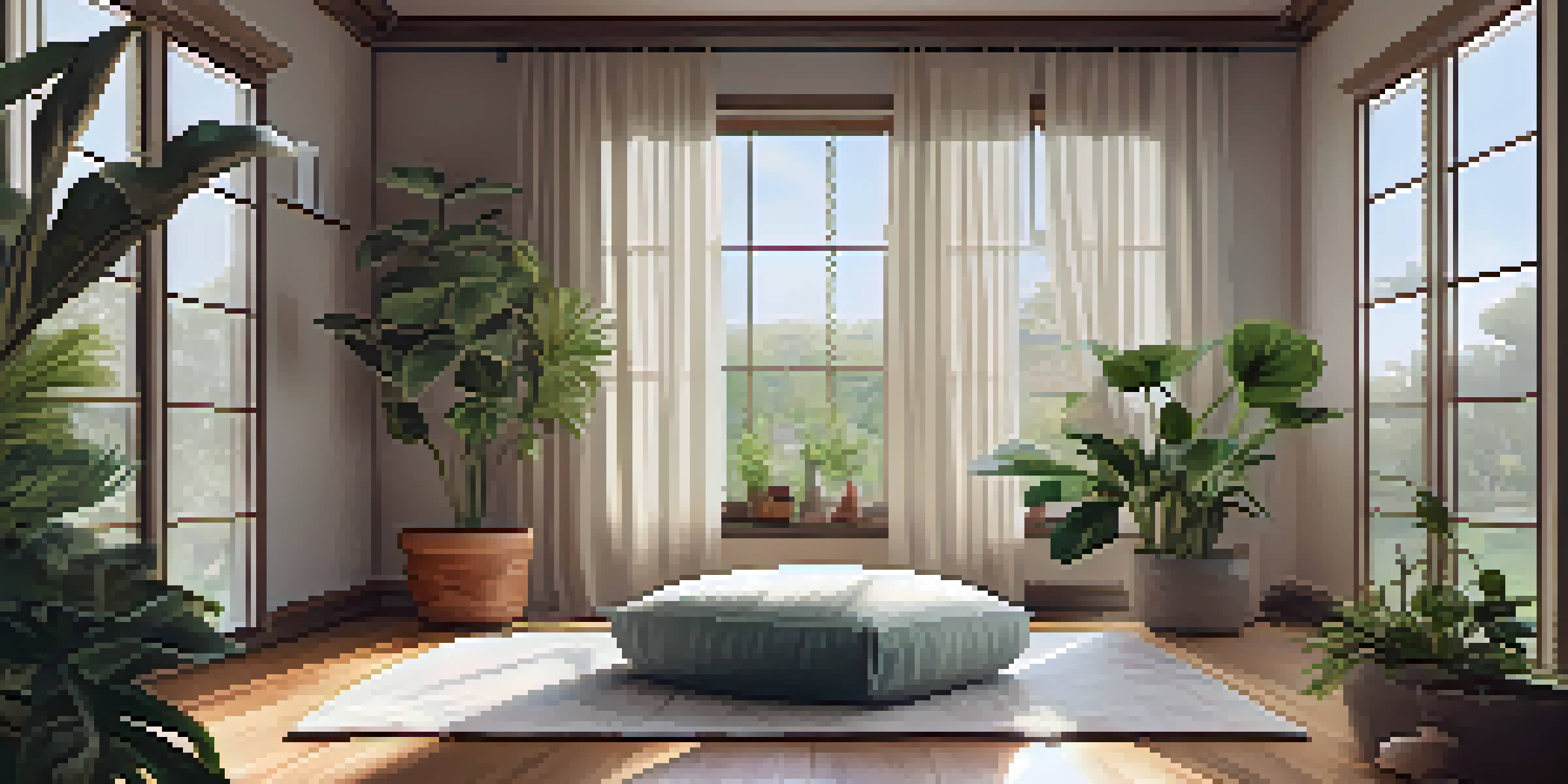 A peaceful indoor meditation space with natural light, a meditation cushion, and potted plants.