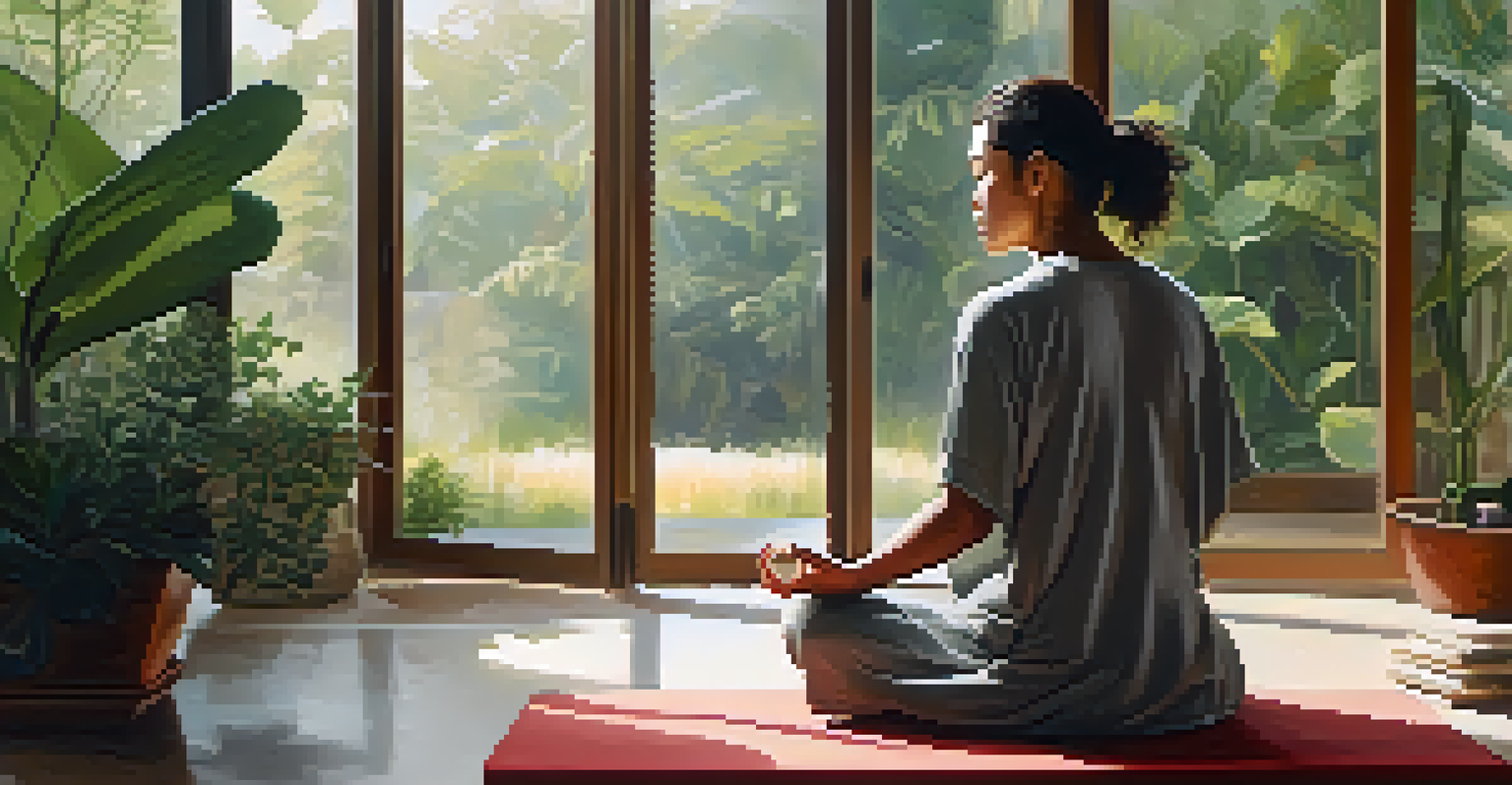 Close-up of a person meditating indoors, surrounded by plants and soft light, sitting cross-legged with a serene expression.