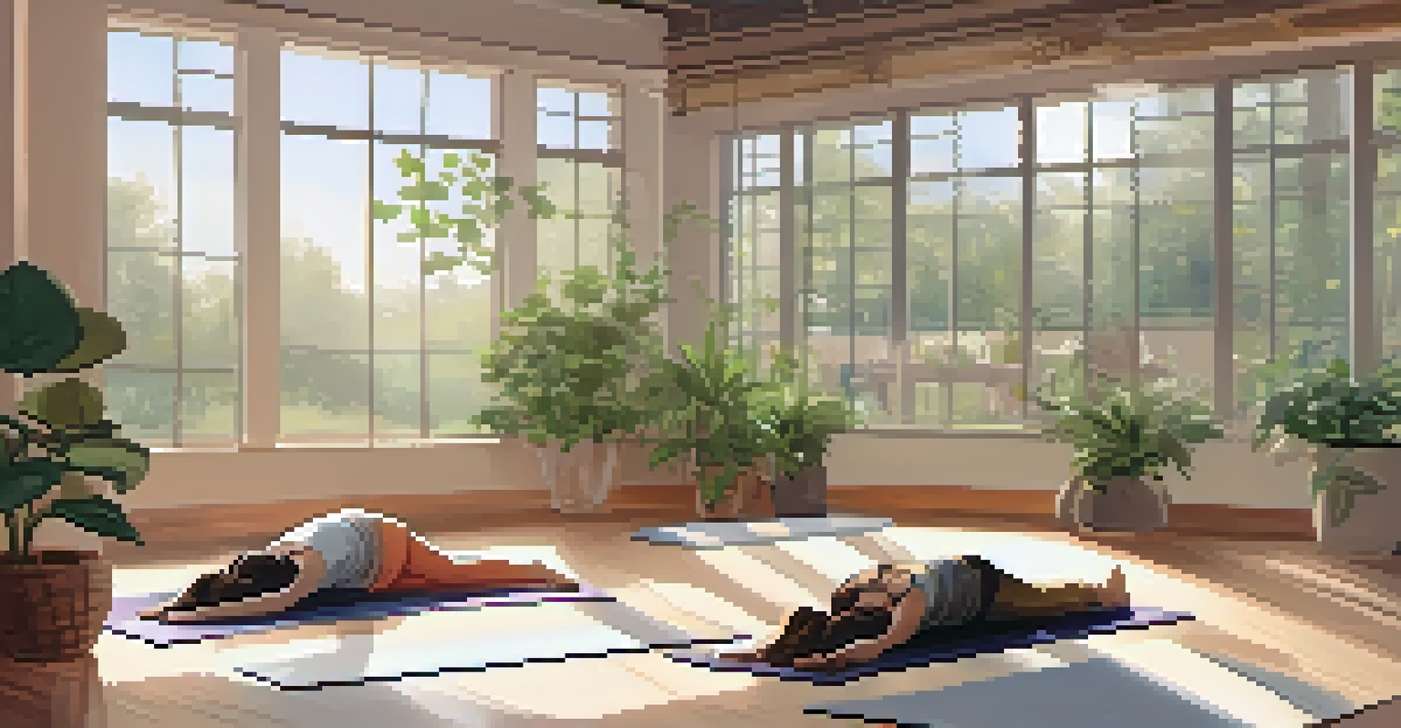 A peaceful yoga studio with a person lying on a mat, surrounded by cushions and soft lighting.