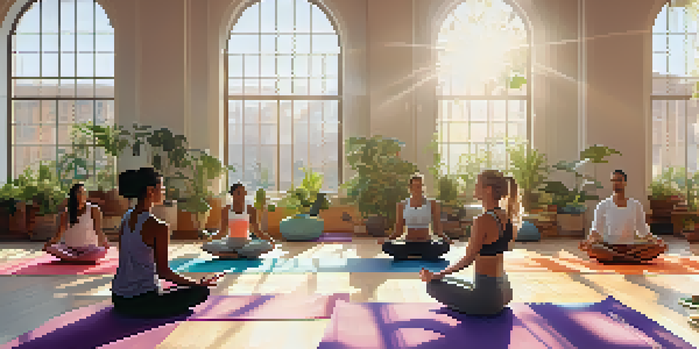 A peaceful yoga class with diverse participants practicing poses in a sunlit studio filled with plants.