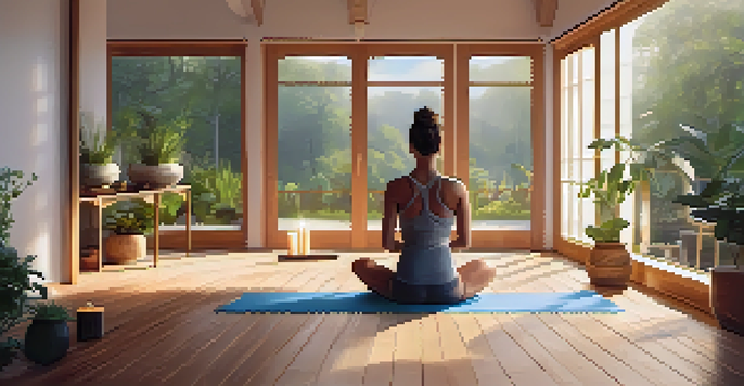 A peaceful yoga studio with a person meditating on a mat, surrounded by candles and plants, illuminated by soft morning light.