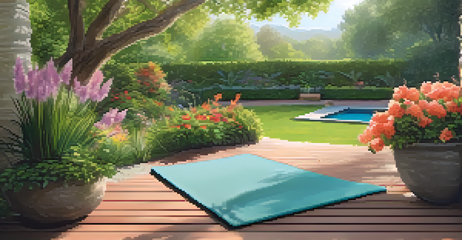 A tranquil outdoor yoga area in a lush garden, featuring a yoga mat on soft grass surrounded by vibrant greenery.