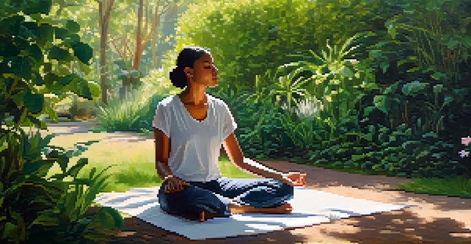 A person practicing deep breathing in a serene outdoor setting, surrounded by greenery and flowers, with sunlight filtering through the leaves.