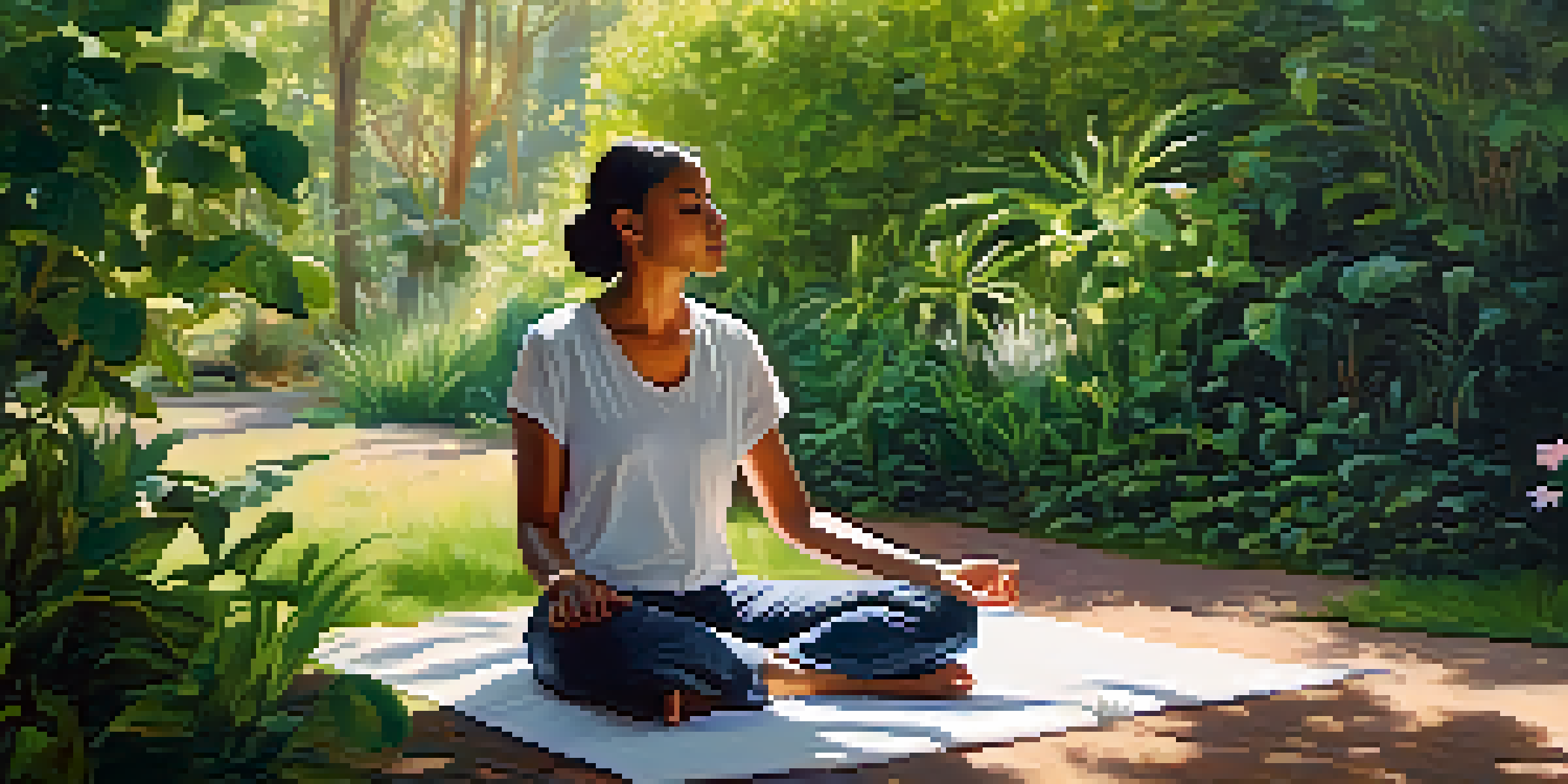 A person practicing deep breathing in a serene outdoor setting, surrounded by greenery and flowers, with sunlight filtering through the leaves.
