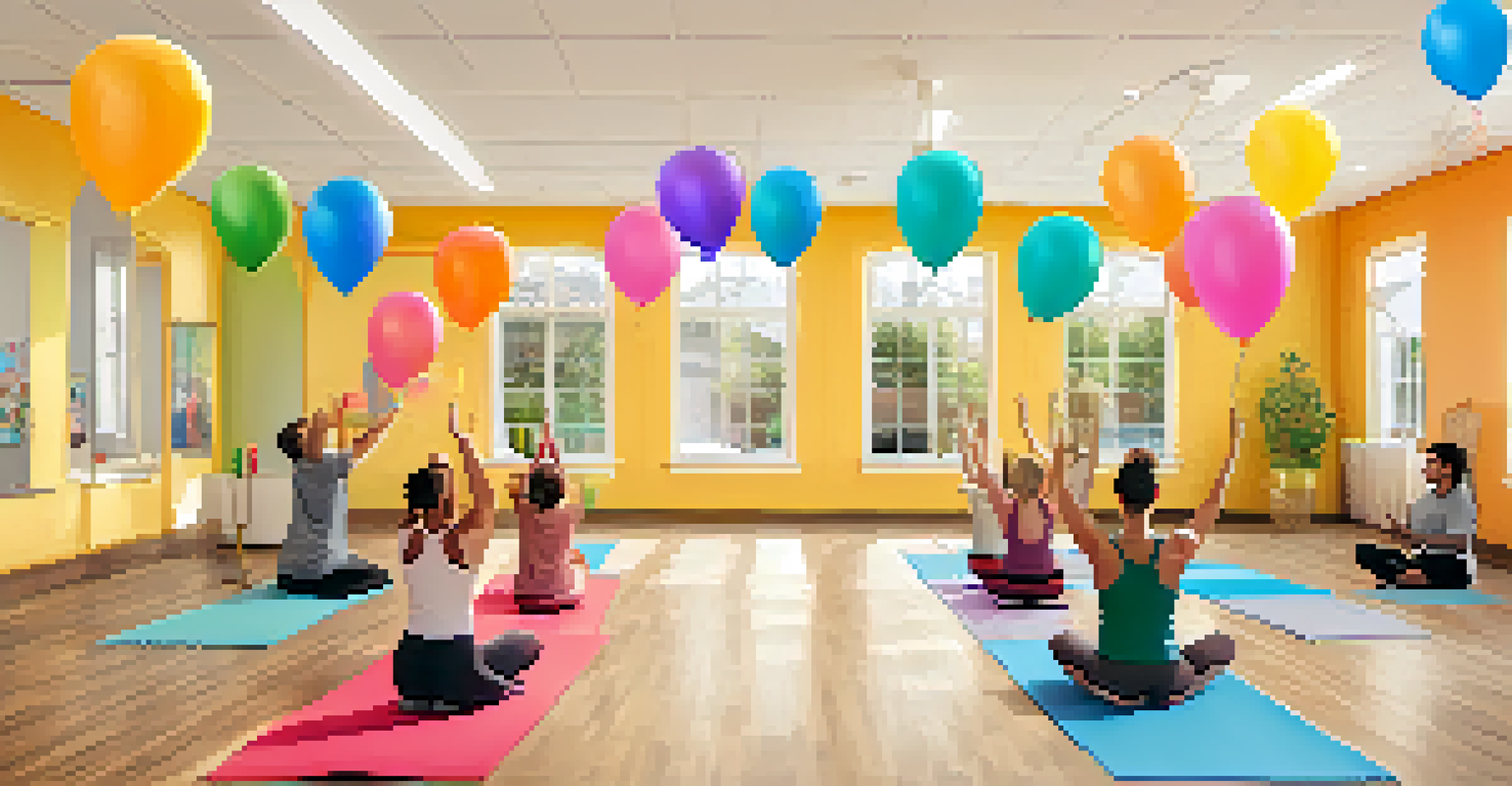 A group of people celebrating together in a yoga studio, filled with joy and camaraderie.