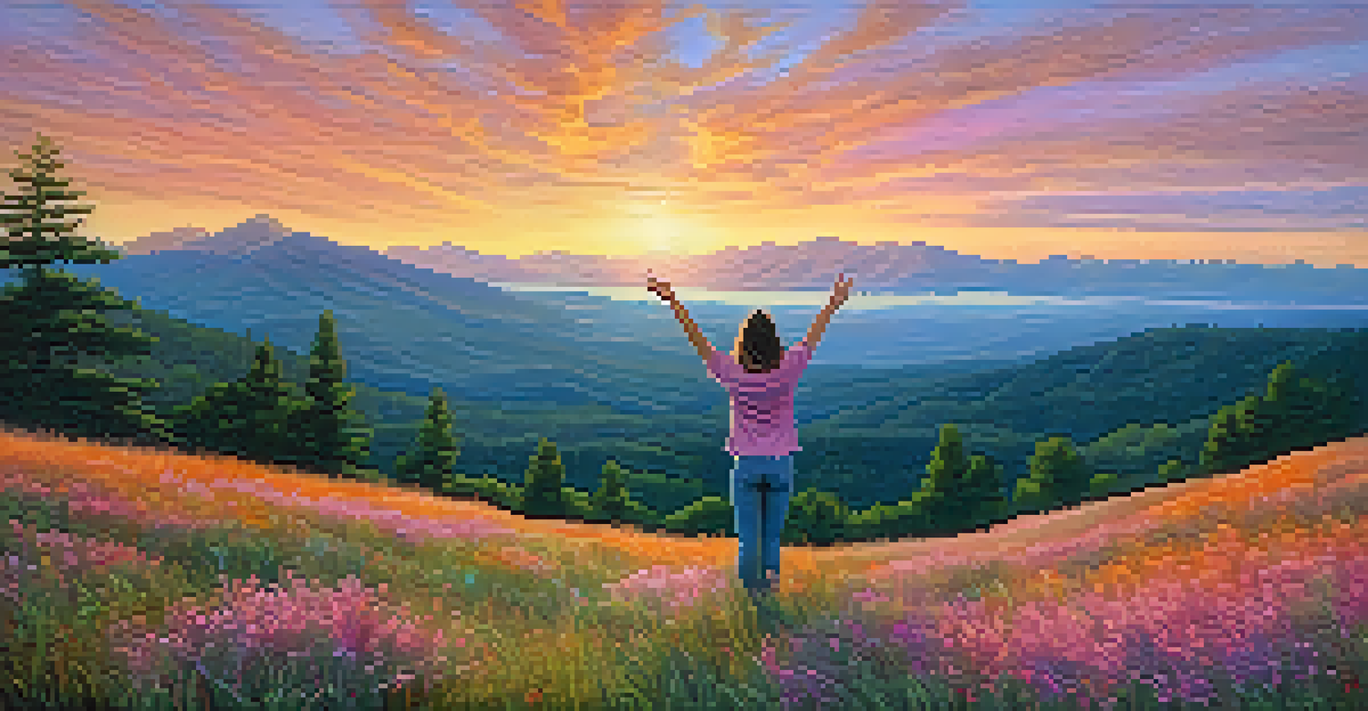 A person performing Mountain pose on a hilltop at sunrise, surrounded by wildflowers.