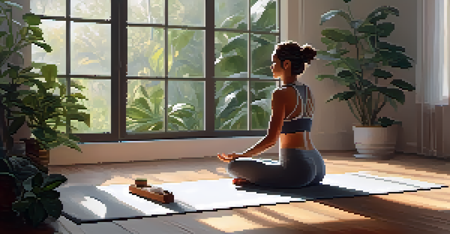 A person in Child's Pose on a yoga mat surrounded by plants, with soft morning light coming through a window.
