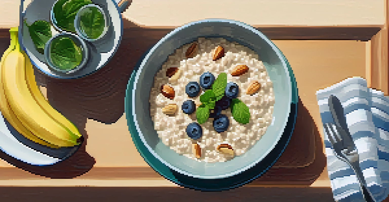 A healthy breakfast spread with oatmeal, fruits, nuts, and infused water on a kitchen table.