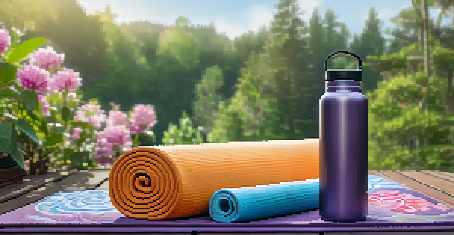 Close-up of a yoga mat on a deck surrounded by flowers, showcasing mindfulness and outdoor practice.