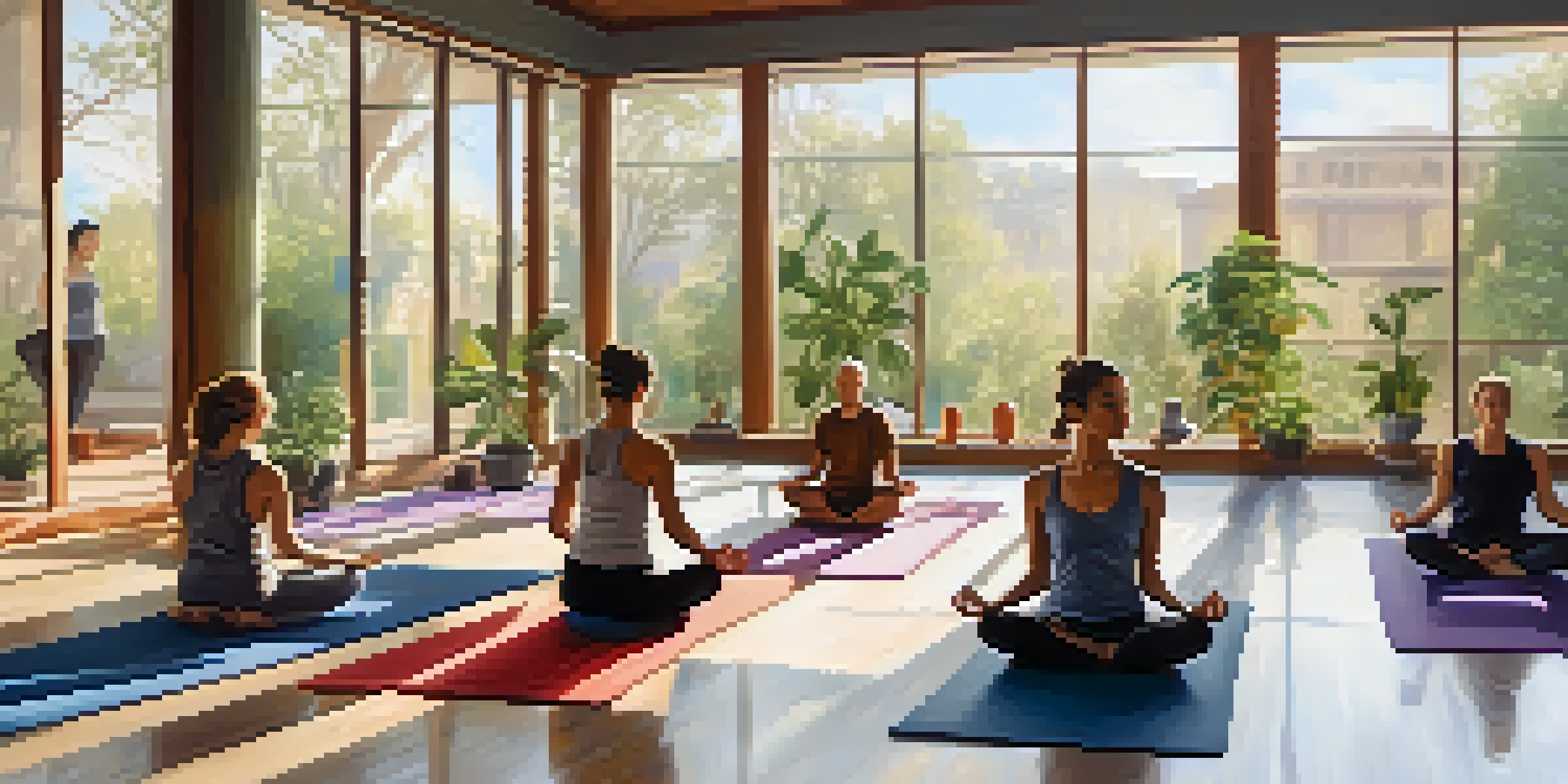 A calm yoga studio with diverse individuals practicing yoga, illuminated by soft morning light.