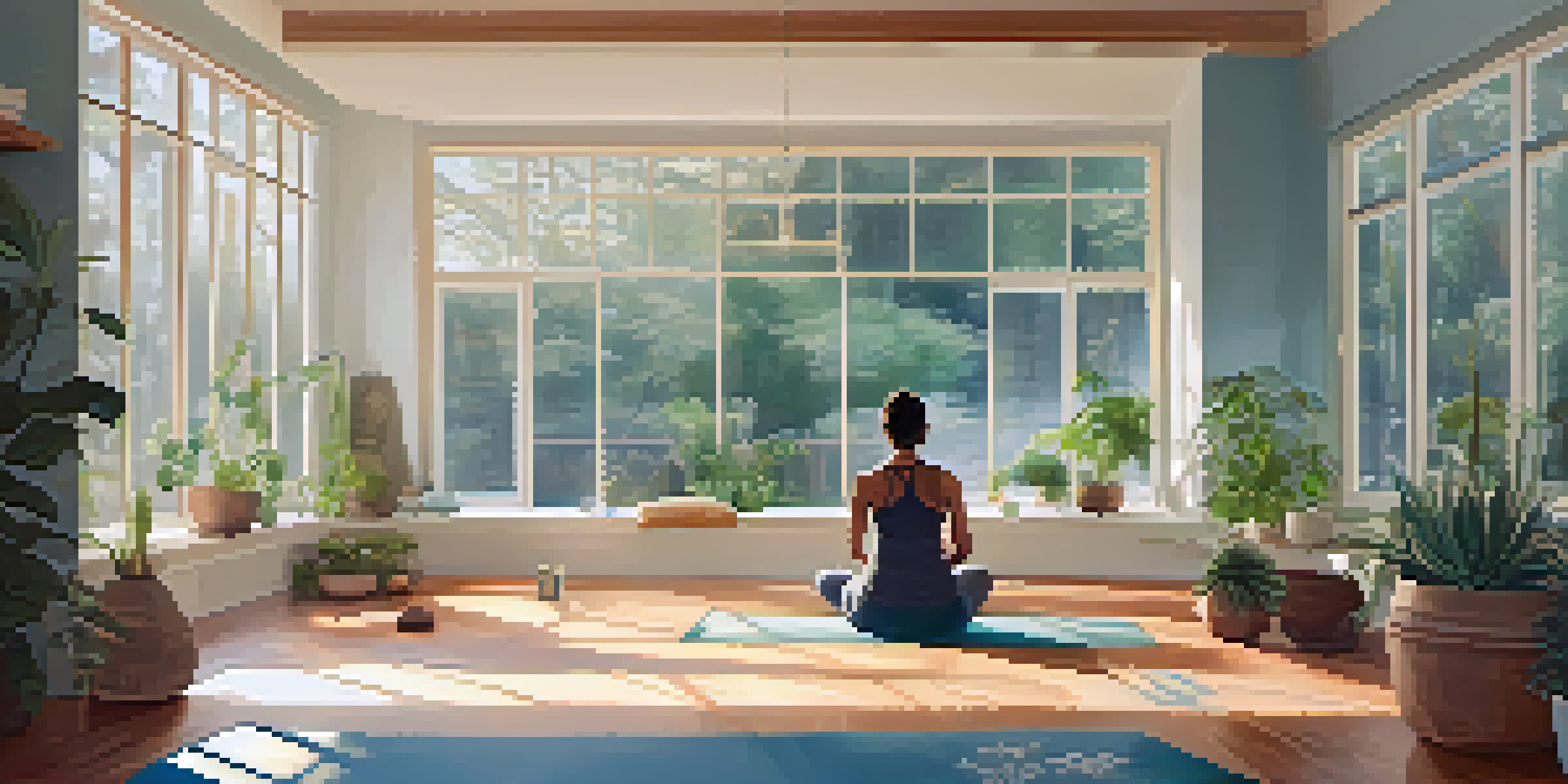 A peaceful yoga studio with a practitioner in Child's Pose, surrounded by yoga props and soft natural lighting.