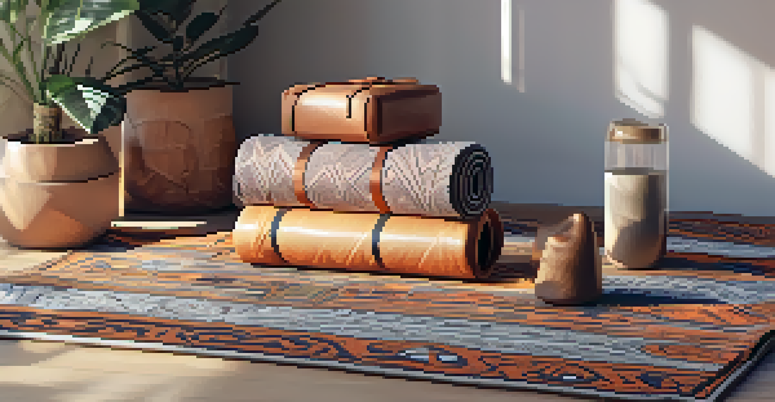 Close-up of a yoga mat with props like blocks and straps arranged neatly, illuminated by soft sunlight.