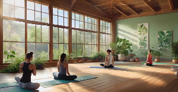 A peaceful yoga studio with natural light and a diverse group practicing yoga poses in a serene environment.