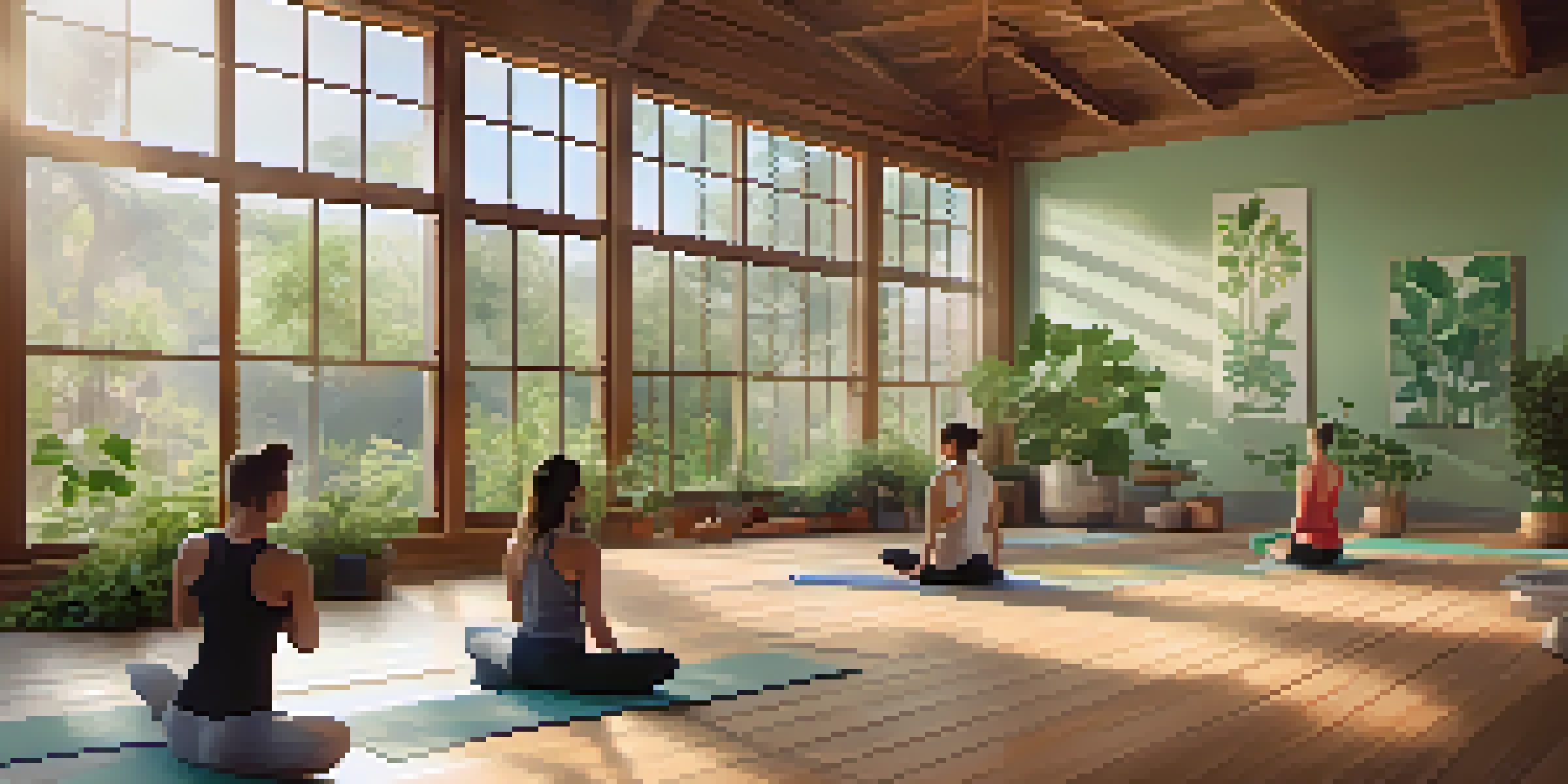 A peaceful yoga studio with natural light and a diverse group practicing yoga poses in a serene environment.