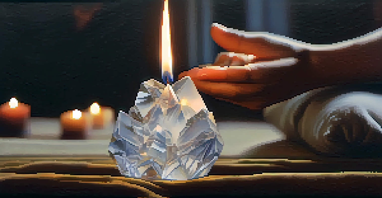 A close-up of a hand holding a crystal while meditating in a softly lit room.