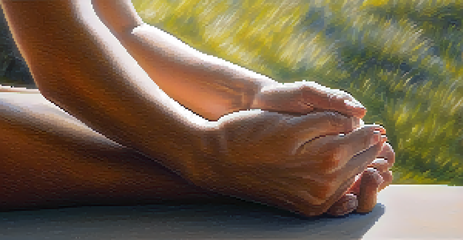 Close-up of hands in a meditative position against a tranquil outdoor background, symbolizing mindfulness.