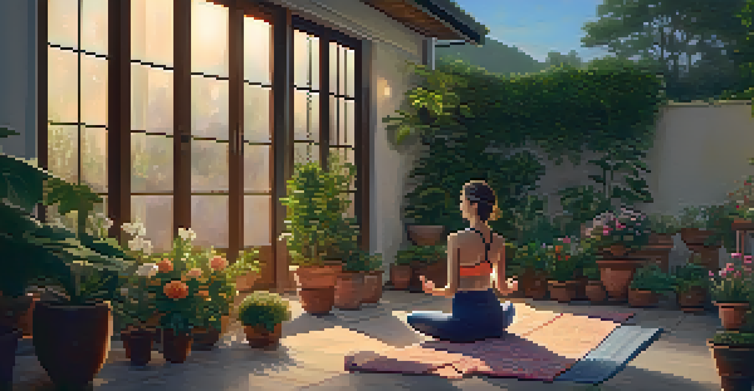 A person practicing restorative yoga on a terrace filled with plants and flowers, illuminated by soft evening light.
